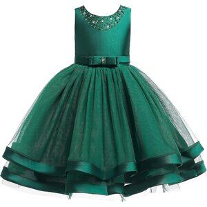 Kids Girls Dark Green Ca Vintage Wedding Bridesmaid Party Formal Pageant Gown